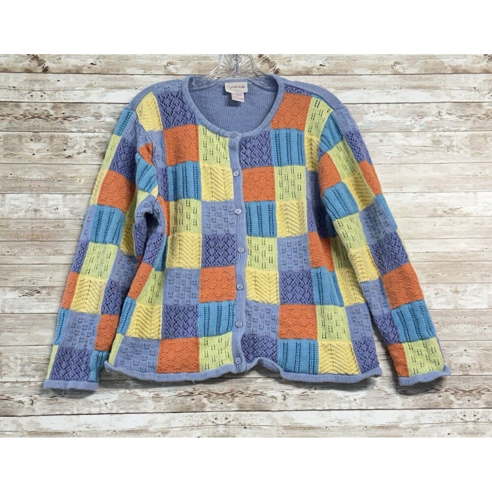 Vintage Crystal Kobe Multicolored Patchwork Knit Cardigan Sweater Womens XL Y2K